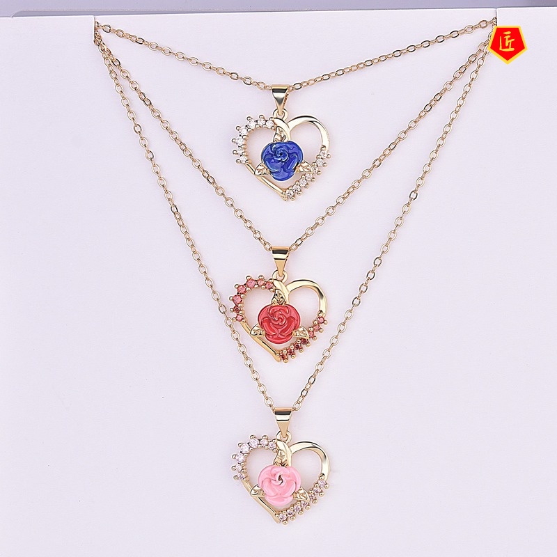 [Ready Stock]Creative Diamond Zircon Rose Heart-Shaped Pendant New Fashion