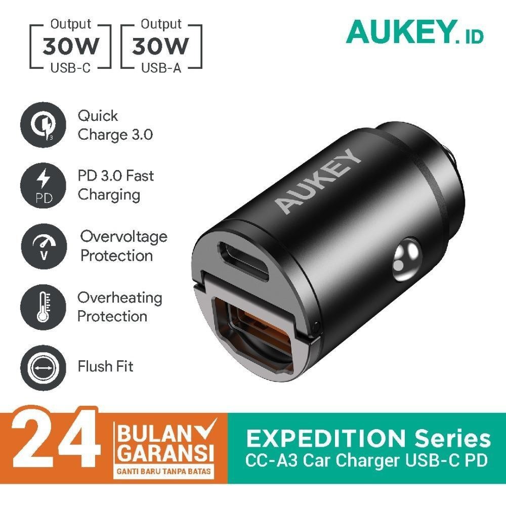 AUKEY CC-A3 - 30W Dual Port USB-A and USB-C Car Charger - Charger Mobil 2 USB Port 30W Max