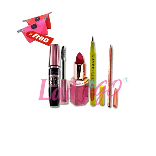 Paket Kecantikan 7 IN 1 - Eyeliner - Mascara Hitam - Viva - Lipstik Dan Kelly Kosmetik -Cream- Bedak -Lemon GRATIS 1 PC TAS KOSMETIK