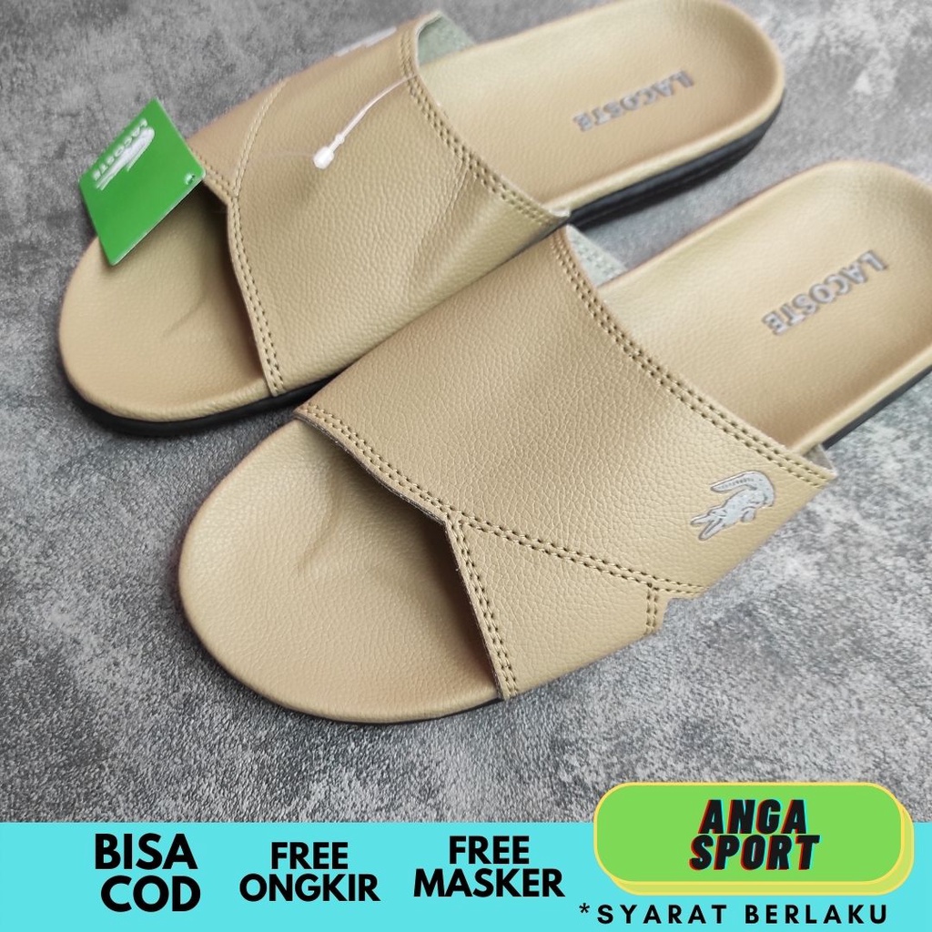 SANDAL PRIA SLIDE LACOSTE CROCO BIEGE PREMIUM / SENDAL SELOP REMAJA DEWASA KEKINIAN KEREN  / SANDAL SLOP COWOK KULIT CASUAL SANTAI SIZE 39-43