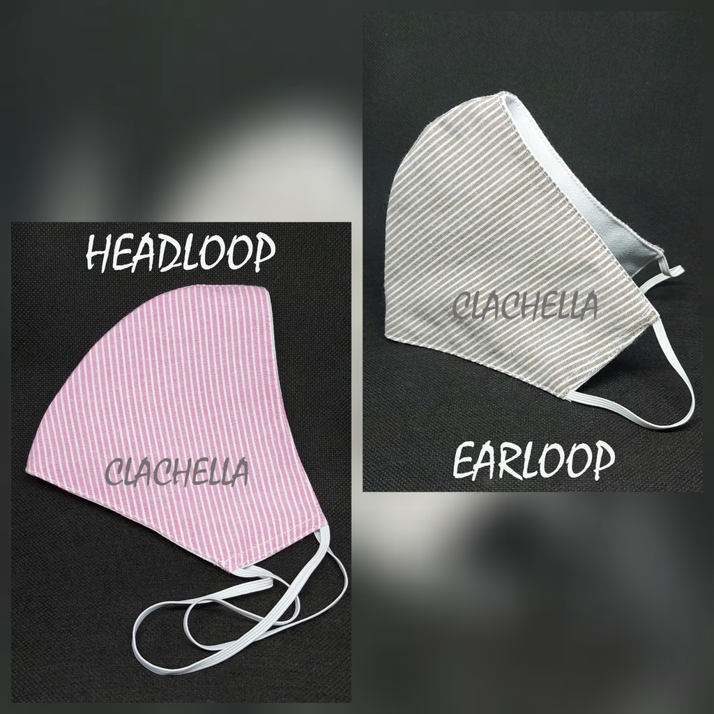 Clachella Masker Kain 3 Lapis Motif Garis, Masker Headloop (Hijab) &amp; Earloop