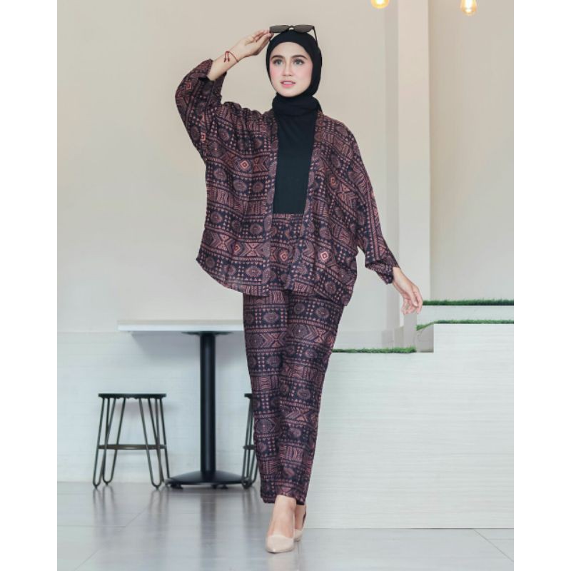 OUTER BATIK KIMONO FULL SET CARDIGAN &amp; CELANA PANJANG CANTIK