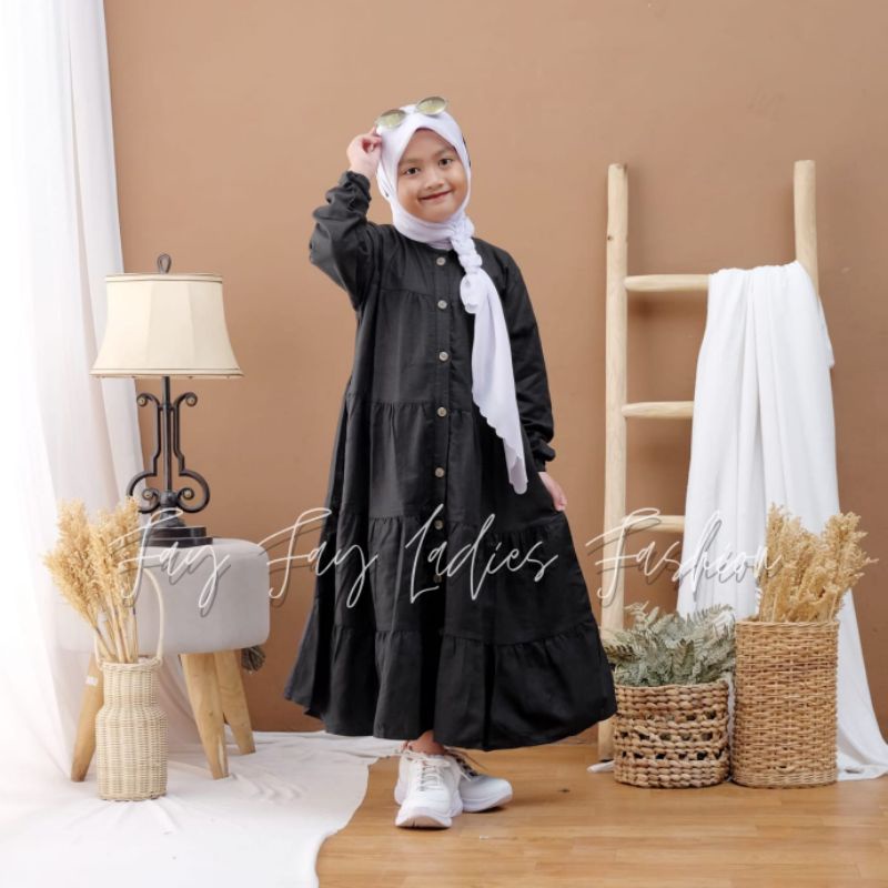 Midi Dress Kerut Susun Anak Bahan Katun Linen Rami Premium