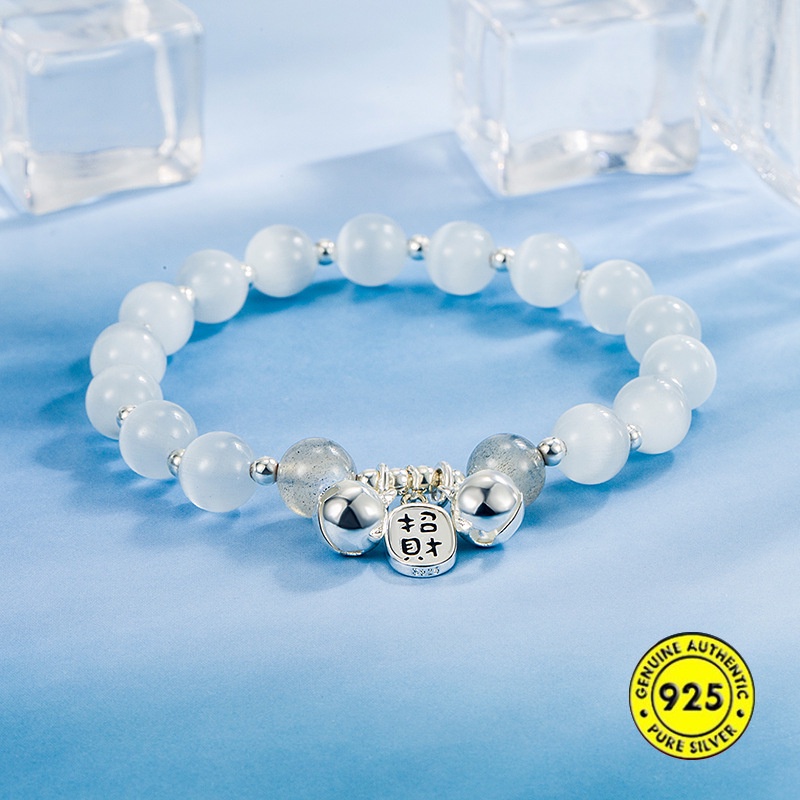 Gelang Tali Elastis Dapat Disesuaikan Bahan S925 Silver Aksen Manik-Manik Keberuntungan Untuk Wanita