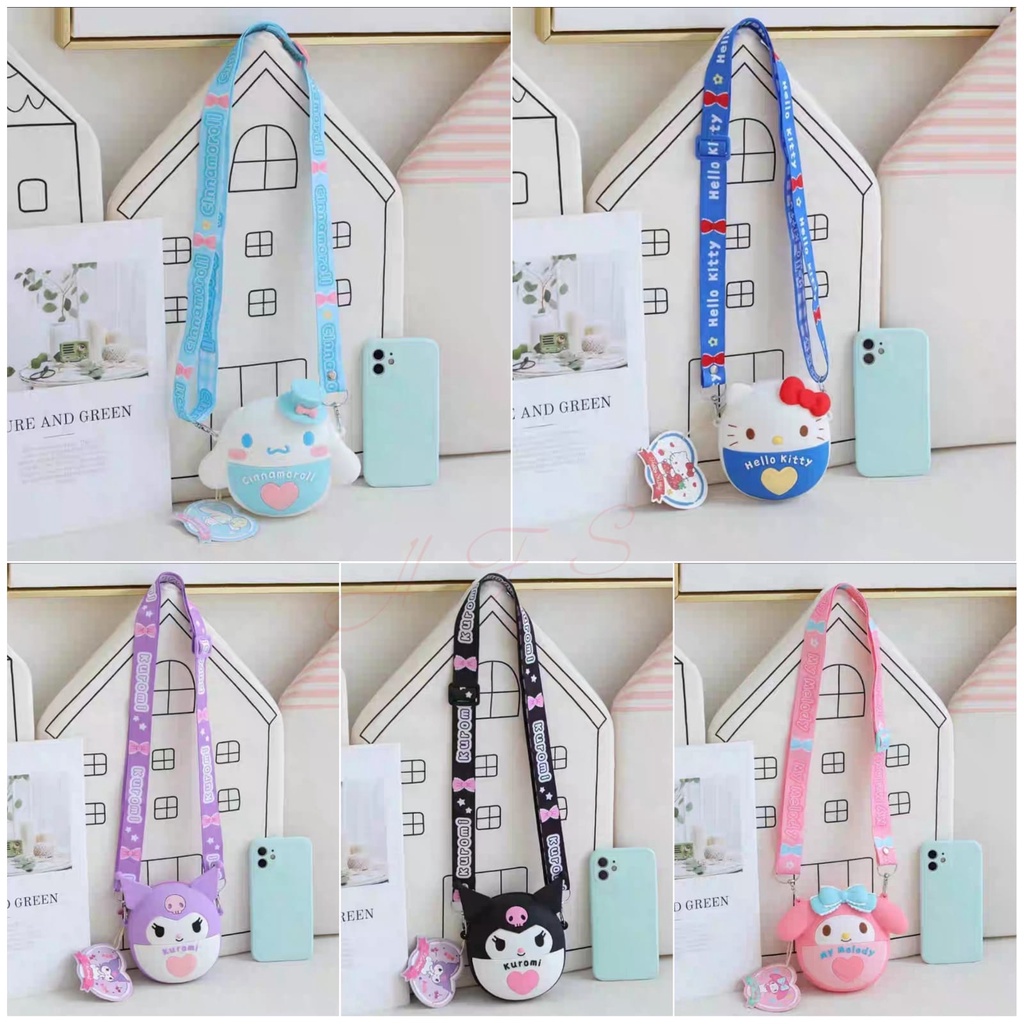 Tas dompet koin jelly selempang bulat dan bentuk sebadan silicon hello kitty melody cinnamoroll
