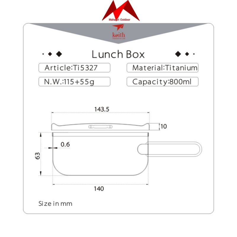 Keith Ti5327 lunch box titanium kotak makan 800ml piring ultralight Camping