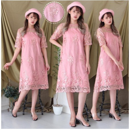 Dress Natal - Dress Ibadah- Gaun Wanita Kekinian Mutiara Brokat Tille Brokat Tile Dres Mewah