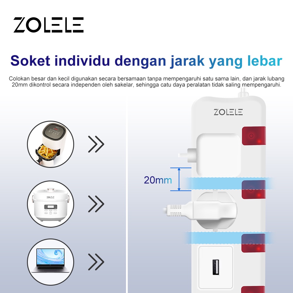 ZOLELE Stop Kontak Kabel Smart Colokan Listrik 3 Lubang Stopkontak 2 USB Port Power Strip 3M Soket Pengaman Lubang Saklar Timer Powerstrip ZK101