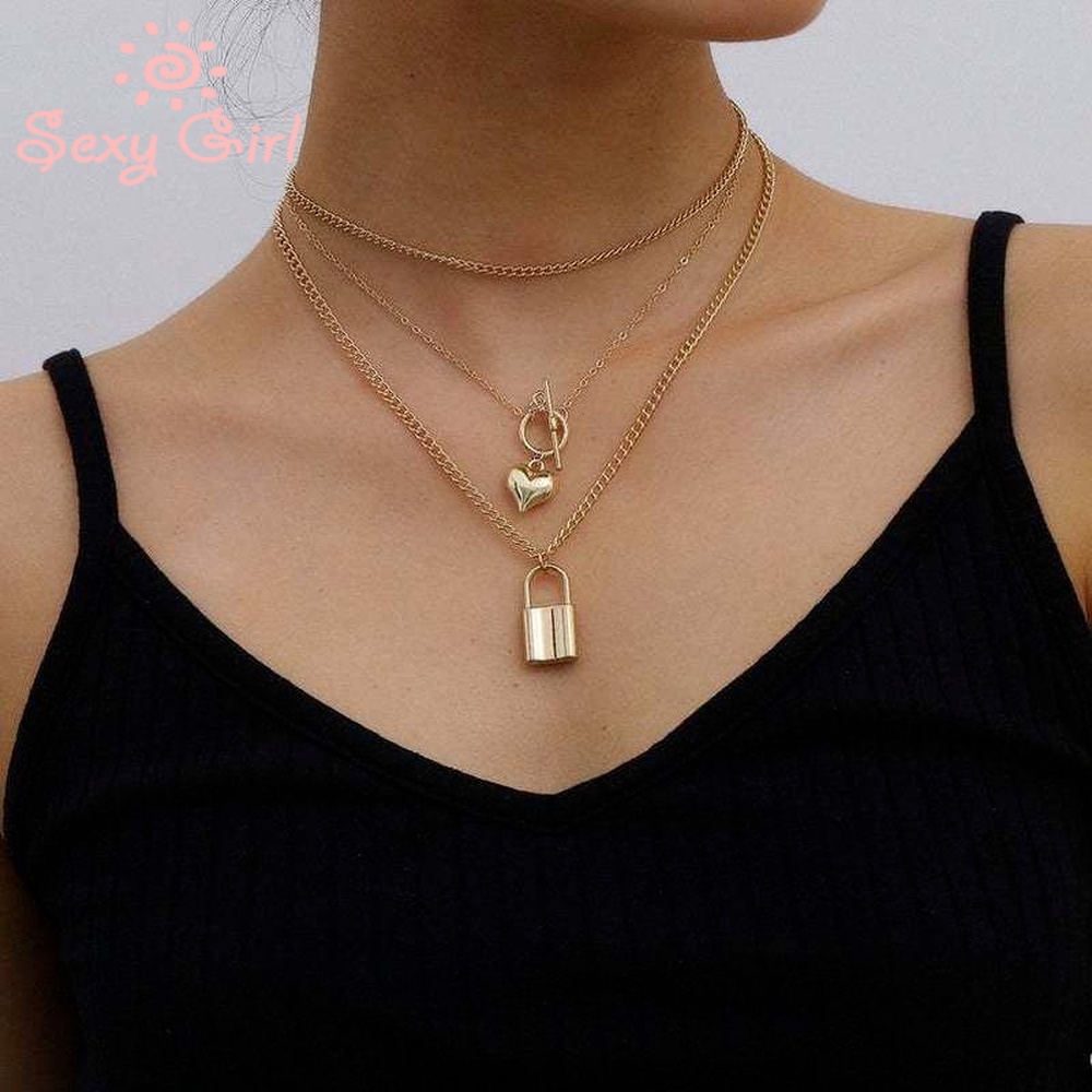 Simple OT Buckle Multilayer Necklace Personalized Creative Lock Pendant Necklace Fashionable Alloy Jewelry