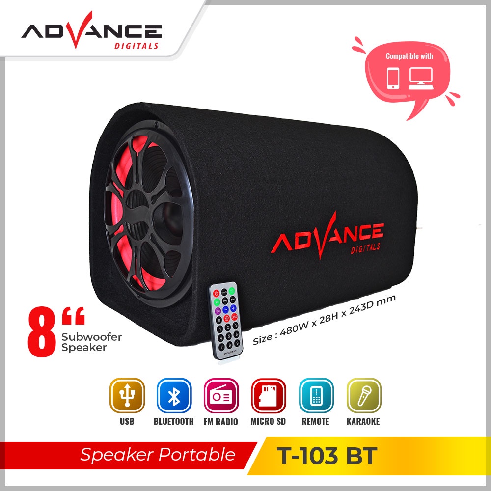 ADVANCE Speaker Karaoke Super Bass T-103BT Bluetooth 8'' For Mobil PC- Hitam | Garansi Resmi Advance 1 Tahun