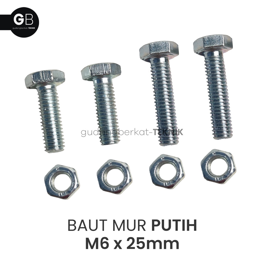 Baut Mur Putih M6x25 / BMP 6x25 (25mm) / Baut M6 Putih Kunci 10