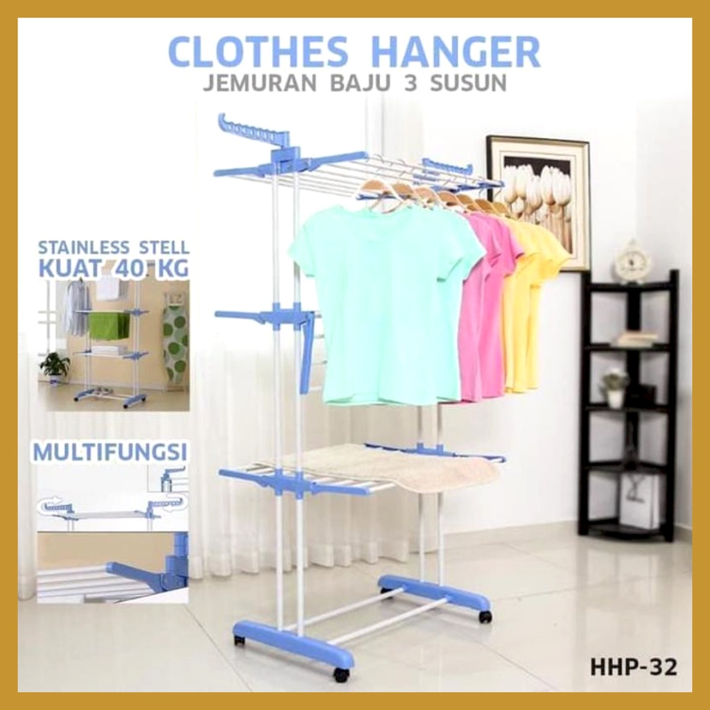 Jemuran Baju 3 Tingkat Jemuran Baju Lipat Berdiri Stand Hanger Cloth Drying Rack Jemuran Stainlees Steel Dengan Roda GOSHOP88