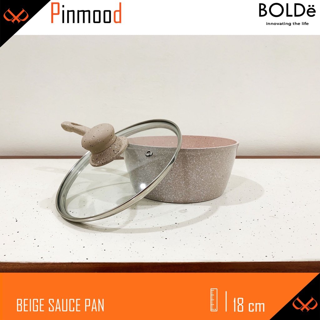 BOLDE BEIGE SAUCE PAN 18 CM + GLASS LID / TUTUP KACA SUPER PAN COATING GRANITE PANCI PENGGORENGAN WAJAN ANTI LENGKET SAUS