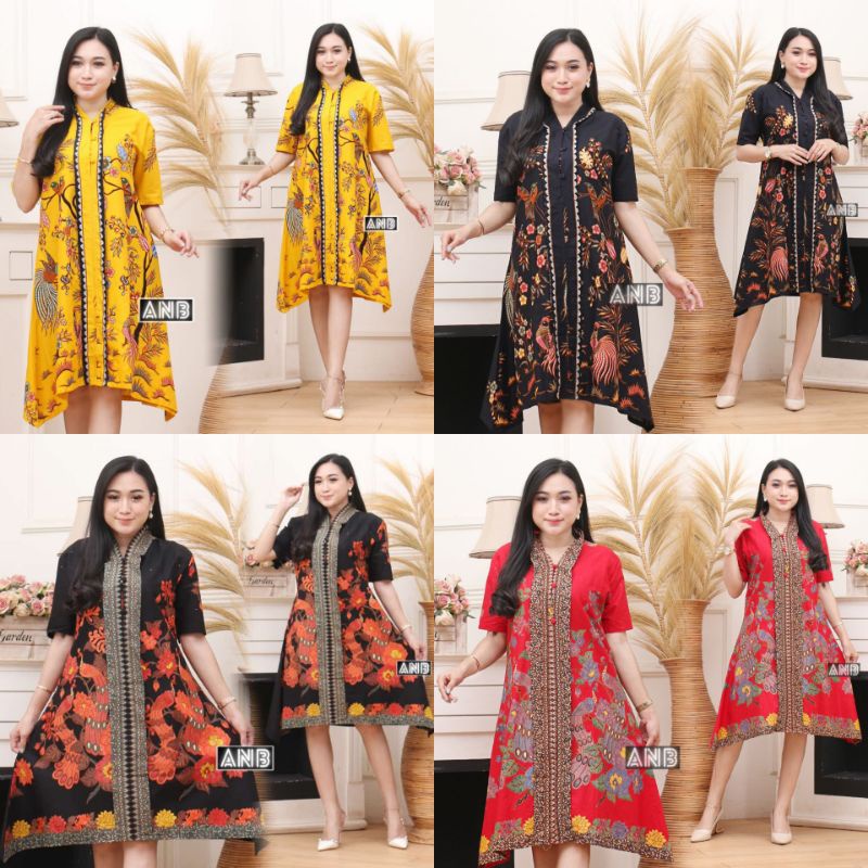 DRESS BATIK UNGGUL JAYA // DRES PENDEK MERAH KUNING NAVY MODERN // TUNIK BATIK CIBULAN PRIMIS JUMBO 