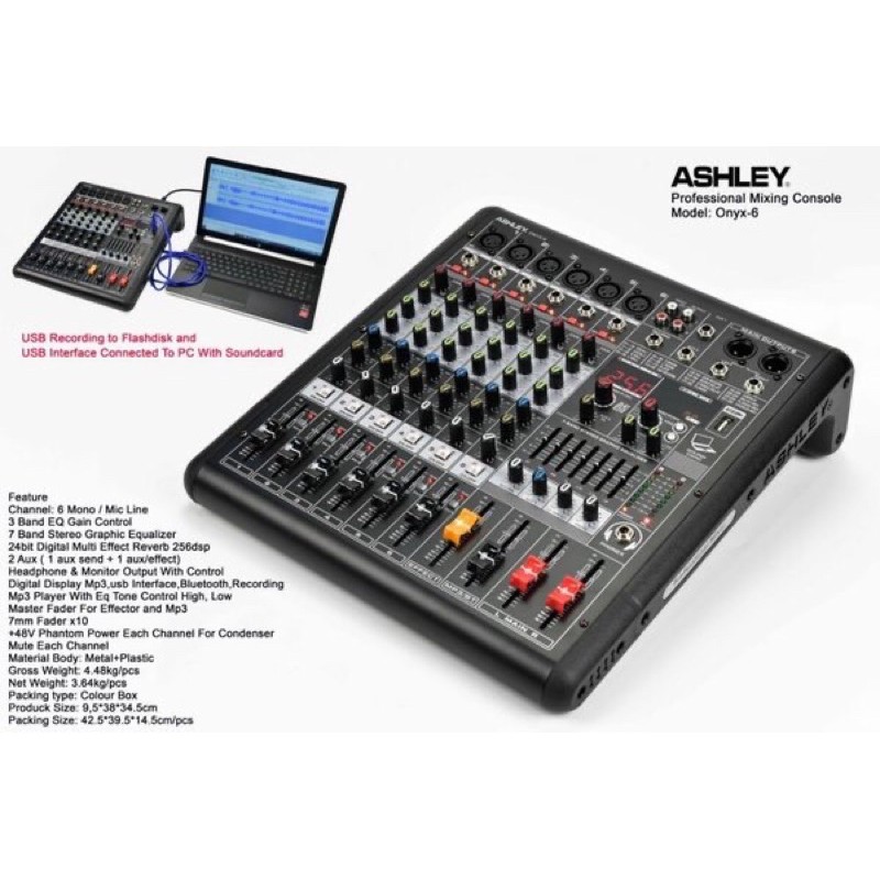 MIXER ASHLEY ONYX 6 ORIGINAL ONYX 6 CHANEL USB BLUETOTH EQUALIZER CONNECT TO PC