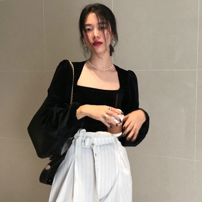 Kemeja lengan panjang retro fashion korea atasan off-shoulder beludru hitam wanita blouse baju atasan wanita velvet