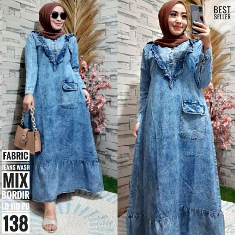 Gamis Long Dress Maxi Bahan Jeans Levis Model Terbaru Murah Diskon Kualitas Premium Bagus
