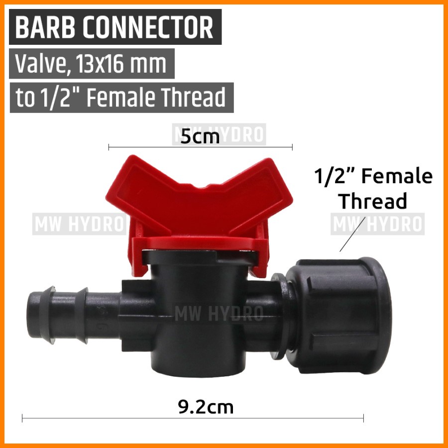 Barb Valve 1/2 inch Drat (Female/Betina) ke Selang PE 16 mm / 13 mm