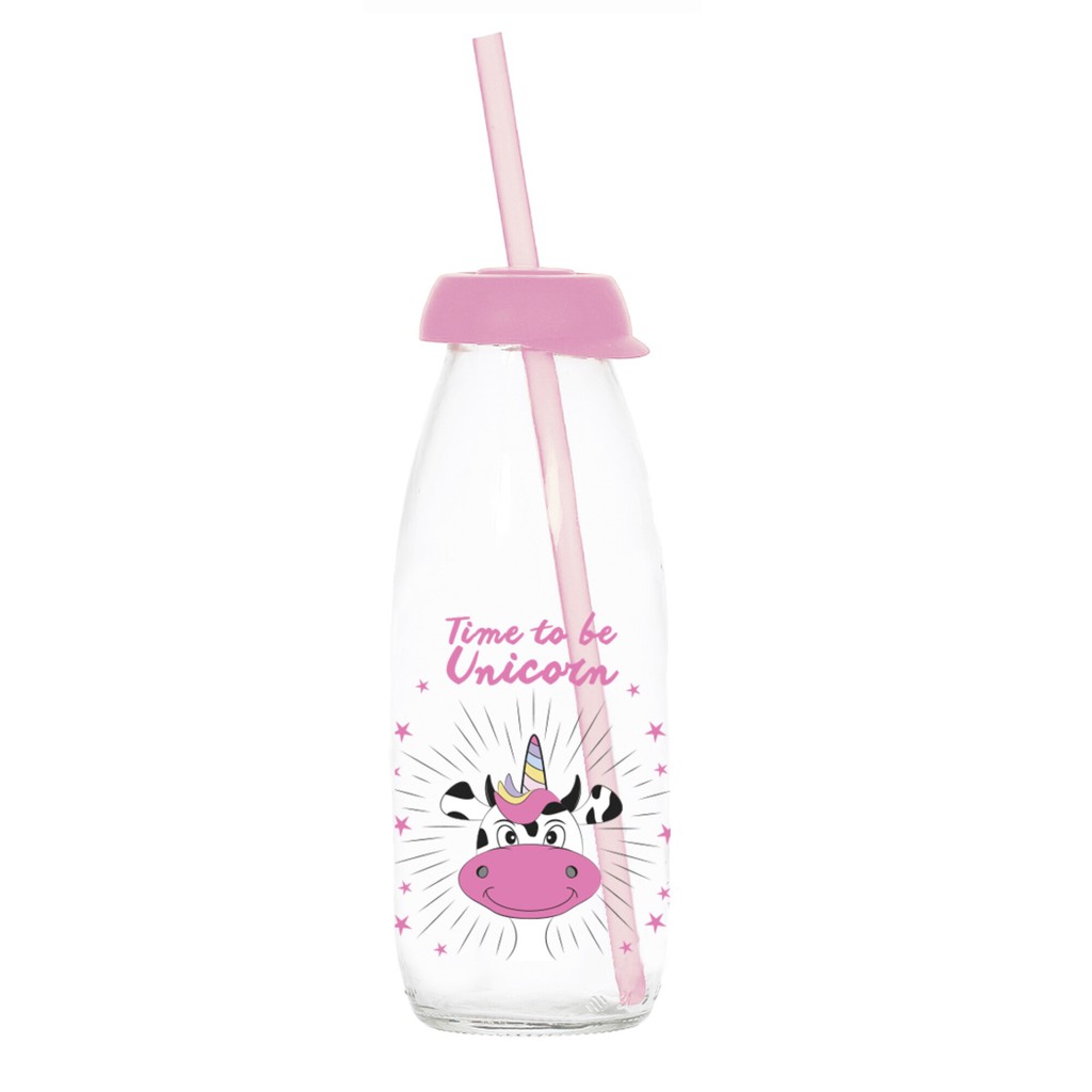 Herevin  Botol Air Tempat Minum Susu Kaca Anak Transparan  Motif Unik Lucu Straw Sedotan 500 ml-Pink