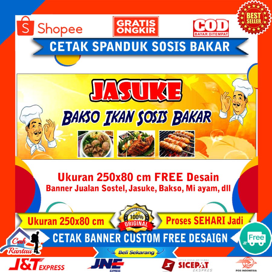 Cetak Spanduk Banner Jualan Jasuke Sosis Bakar Sostel Bakso Mie Ayam Gorengan Makanan Minuman dll