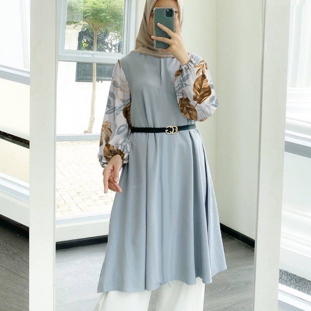 Tunik Jumbo - Gamis Wanita Kekinian - Baju Atasan Wanita - Bungaz Motif Gabungan - Lexoir-Bungaz Tunik Abu