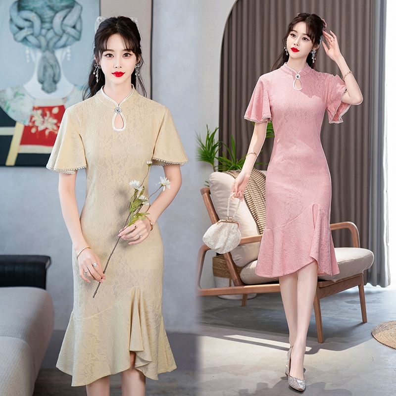 Chinese Traditional Clothing Women Short Sleeve Lace Red Pink Apricot Elegant Wedding Cheongsam Dress Fishtail Hip Midi Dresses Casual Party Summer Qipao Toasting Clothes