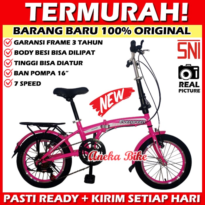 Sepeda Lipat Anak 16 inch Evergreen 6 Speed Murah-7 SPEED - PINK