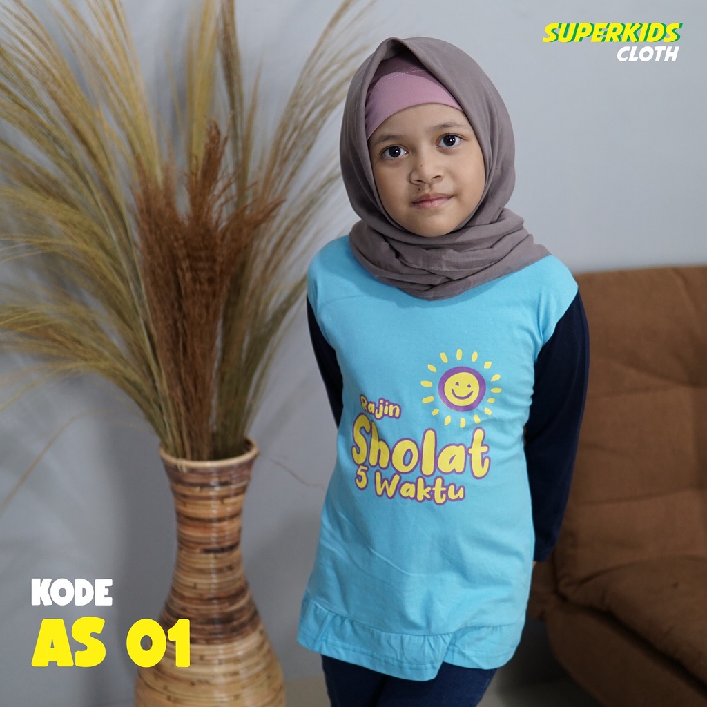 BAJU ANAK PEREMPUAN / KAOS ANAK PEREMPUAN / PAKAIAN ANAK CEWEK KAOS ANAK PEREMPUAN LENGAN PANJANG RAJIN SHOLAT ECER GROSIR SUPERKIDS CLOTH 1 - 11 TAHUN