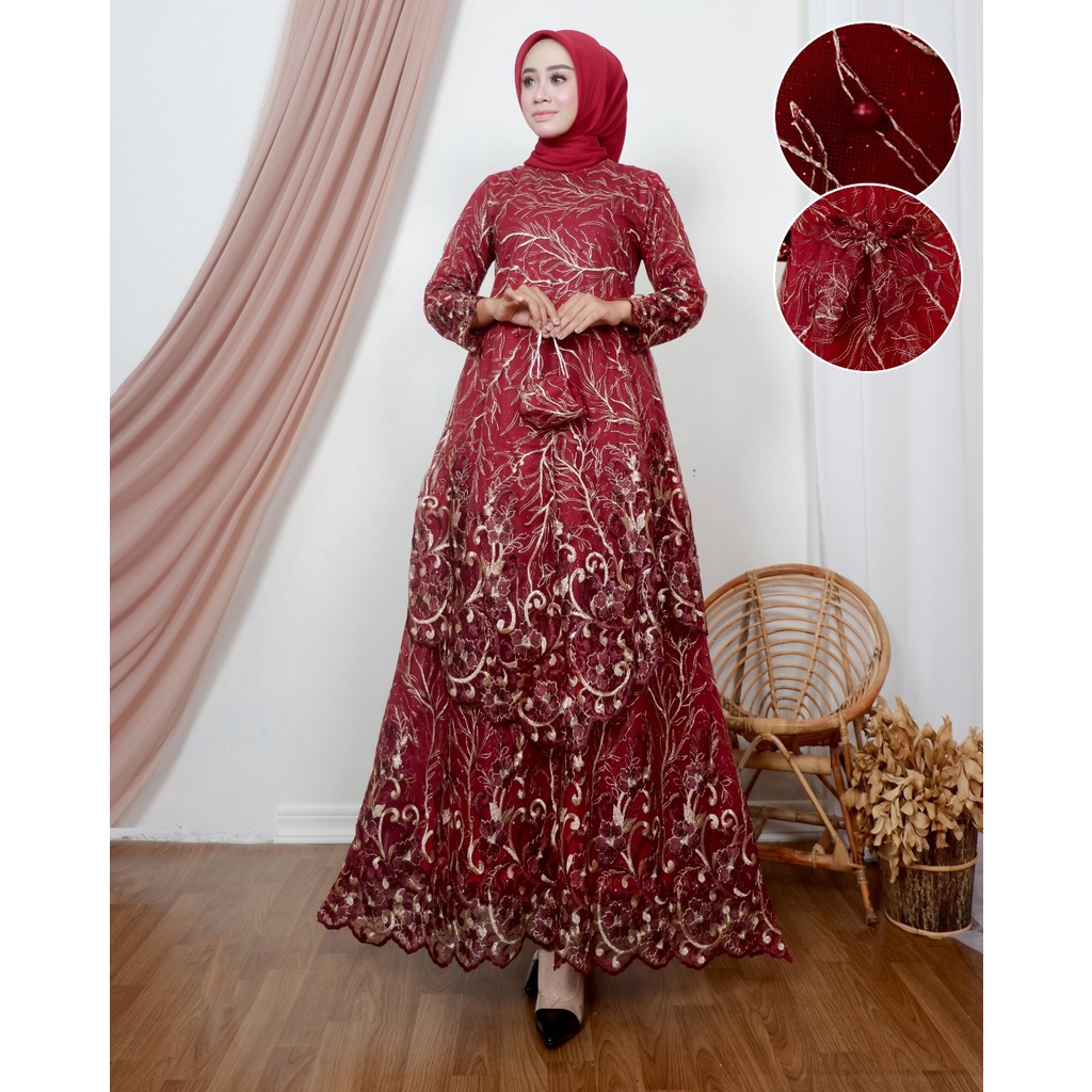 Permata Olshop / Kebaya Gamis Tingkat Runcing DJ / Gamis Pesta Mewah / Baju Gamis Pesta Wanita