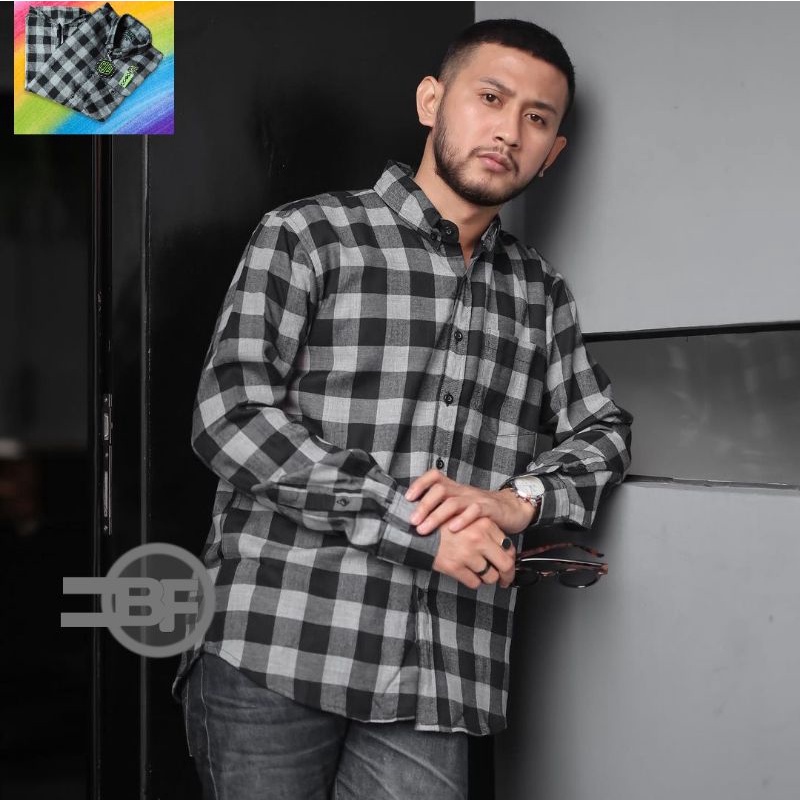 KEMEJA FLANEL PRIA PREMIUM KOTAK CATUR ABU TERLARIS LENGAN PANJANG BAHAN KAIN FLANEL IMPORT BY BROTH