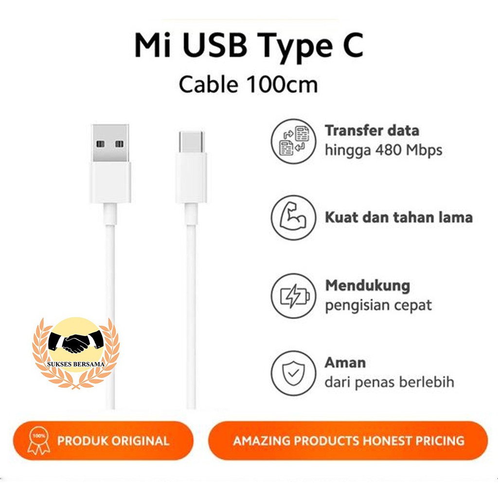 BM001 Mi9 White Xiaomi Kabel Data New Model Xiaomi Redmi 9a 9c Note 8 9 10 Pro Mi9 Tipe C USB BSB329