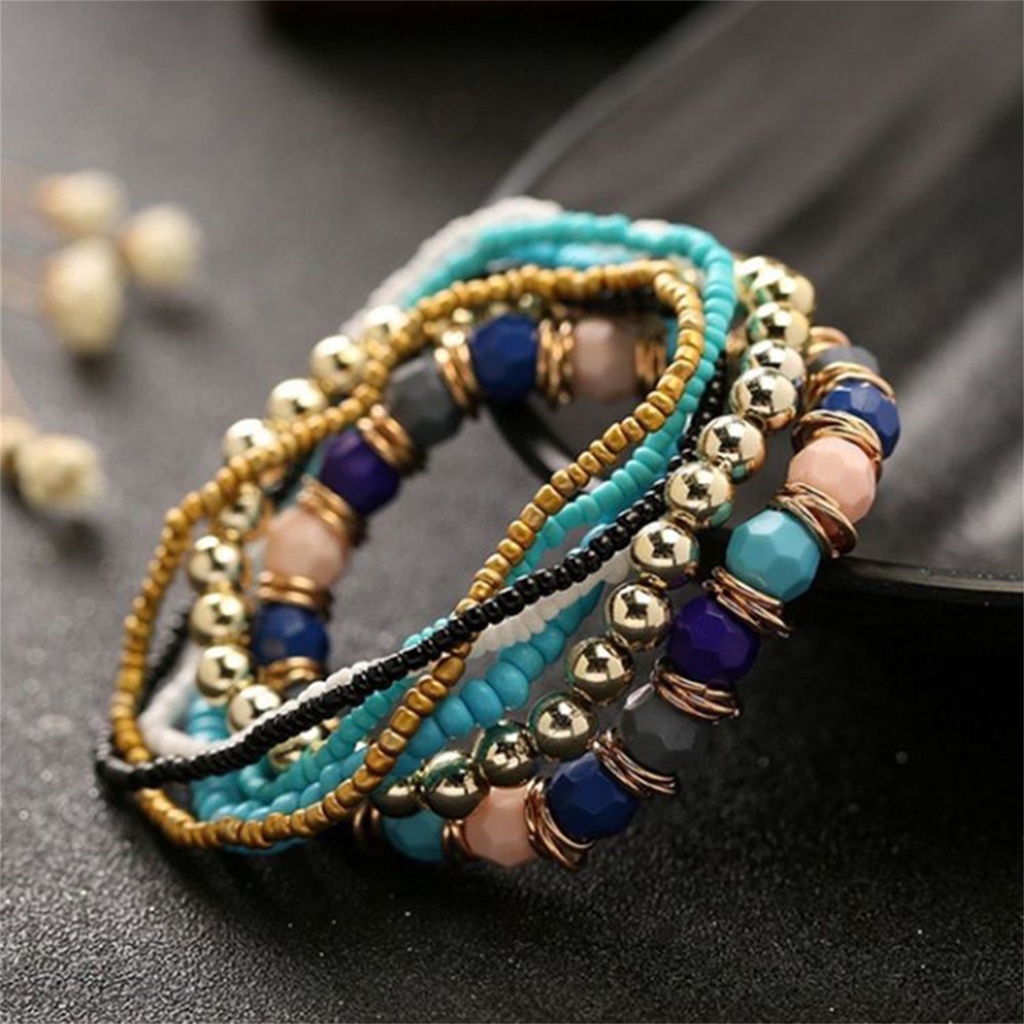 Hu Hu Hu Hu Hu Alat Bantu Pasang Kacamata♡ 7pcs / Set Gelang Manik-Manik Multilayer Elastis Gaya Bohemian Untuk Wanita