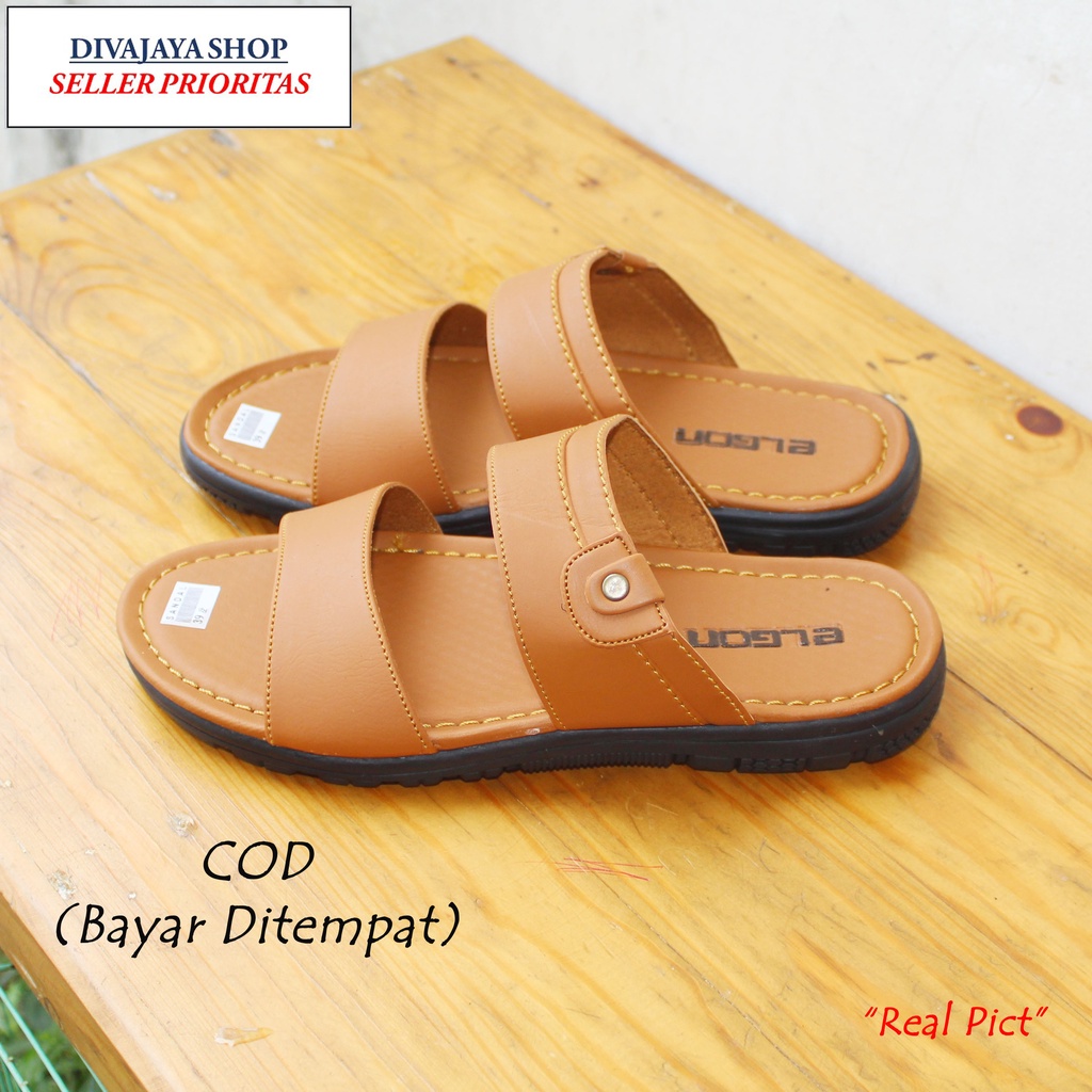 Sandal Elgon Tali Dua Semi Kulit/Sandal Selop Fashion Pria - Tan