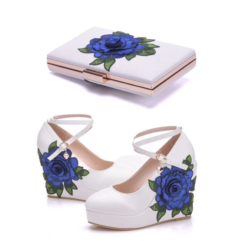 Sepatu Wanita Crystal Queen Blue Lace Flower Bride Wedge Shoes High Heel Wedding Dress Shoes With Shopee Indonesia