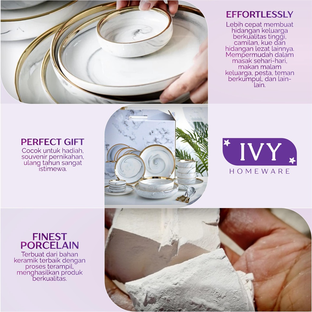 Tree Am Pm [Ivy] Model Piring Mangkok Makan Keramik Ceramic Bowl Cantik Motif Marmer Marbel Marble