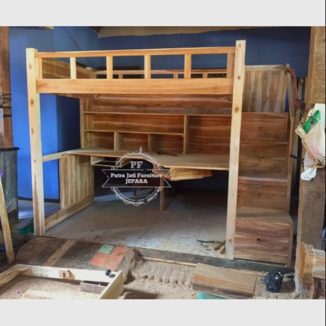 Tempat Tidur Anak Plus Meja Belajar, Dipan Susun Ranjang Kayu Jati Bunkbed Tingkat