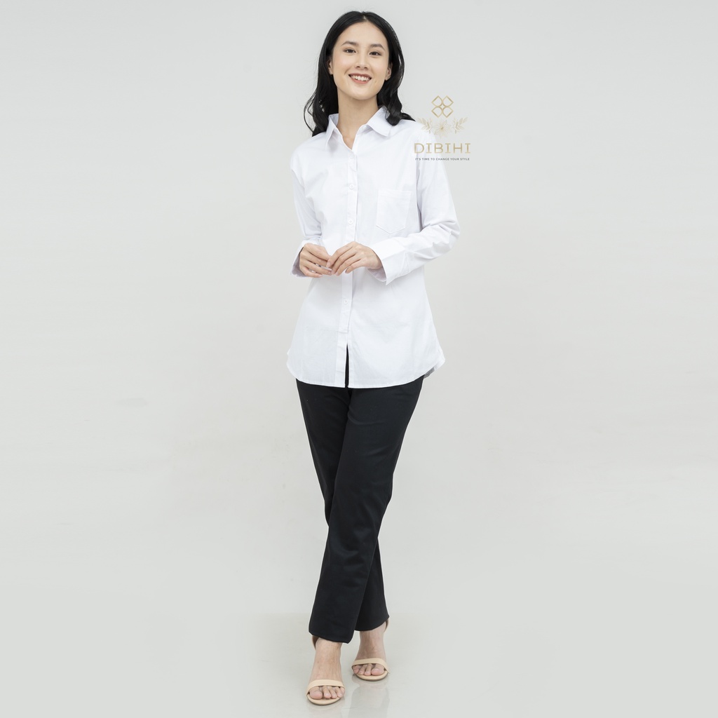 Dibihi Kemeja Putih Polos Kerja Formal Wanita Lengan Panjang Saku 1 Bahan Katun Stretch Melar