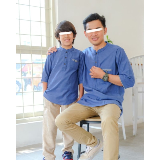 Kurta SHIDDIQ - Kemeja Koko Couple Ayah Anak Bahan Oxford Biru Denim