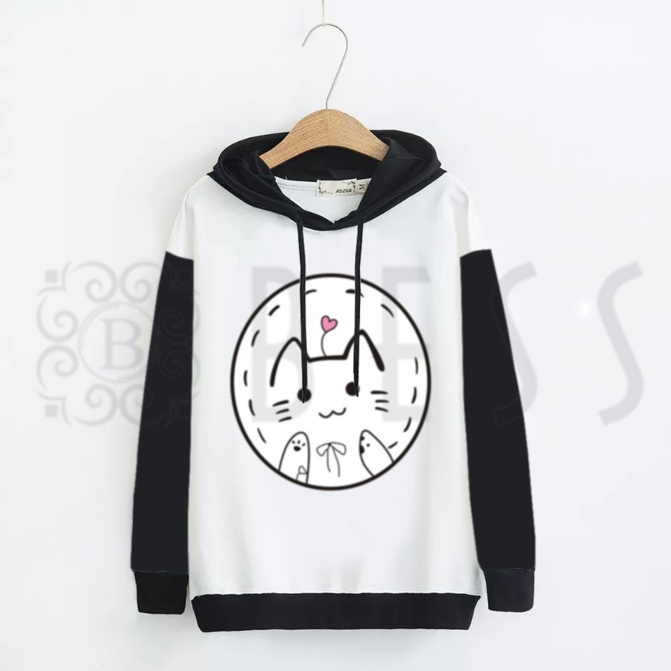 Sweater Hoodie Wanita Murah / Sweater Hoodie BLACK &amp; WHITE - CAT LOVE