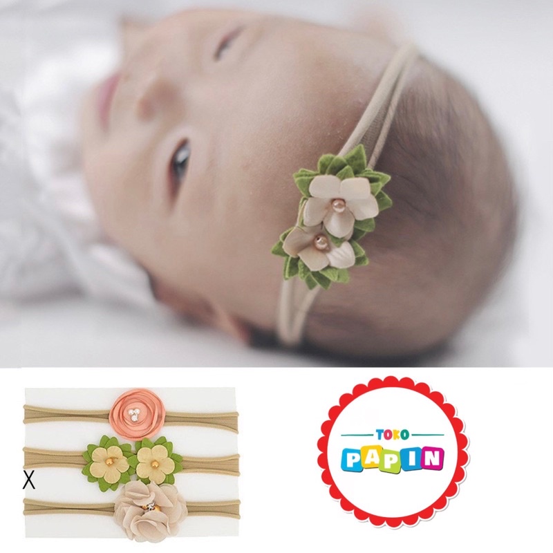 Bandana Bayi Bunga Set 3pcs Bando Anak Bayi Bunga Baby Headband Flowers Set