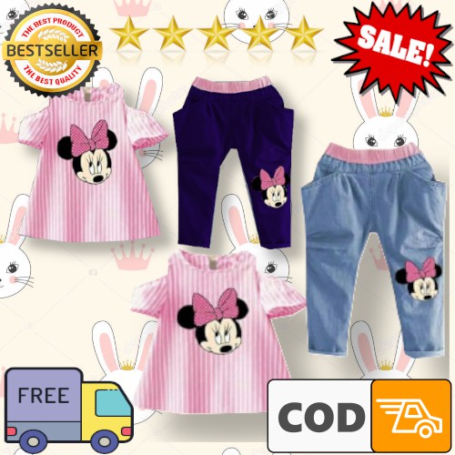 VISION ONLINE- STRIPY MINNIE PINKY/ BAJU ANAK PEREMPUAN SETELAN CELANA UMUR 1-4 TAHUN KEKINIAN MURAH