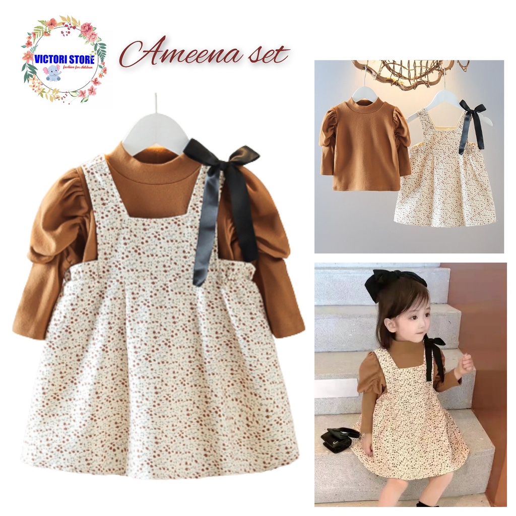 Setelan Bayi Perempuan AMEENA Baju Fashion Overal Set 2in1 Baby Girl Korean Style Import