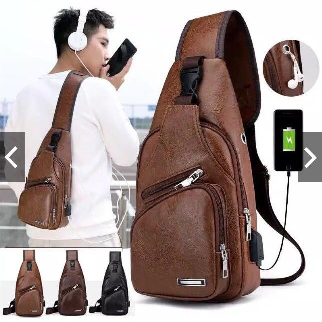 Adda Home - Tas Selempang Pria Desain Korea Kulit Imitasi Anti Maling USB