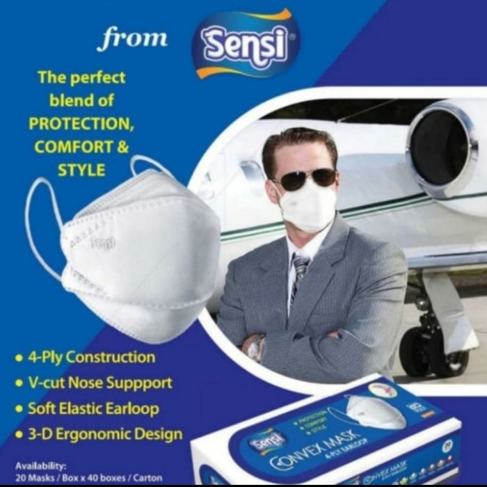 Masker SENSI Convex 3D 4Ply Earloop, Masker 3D Sensi 4Ply, isi 20 pcs