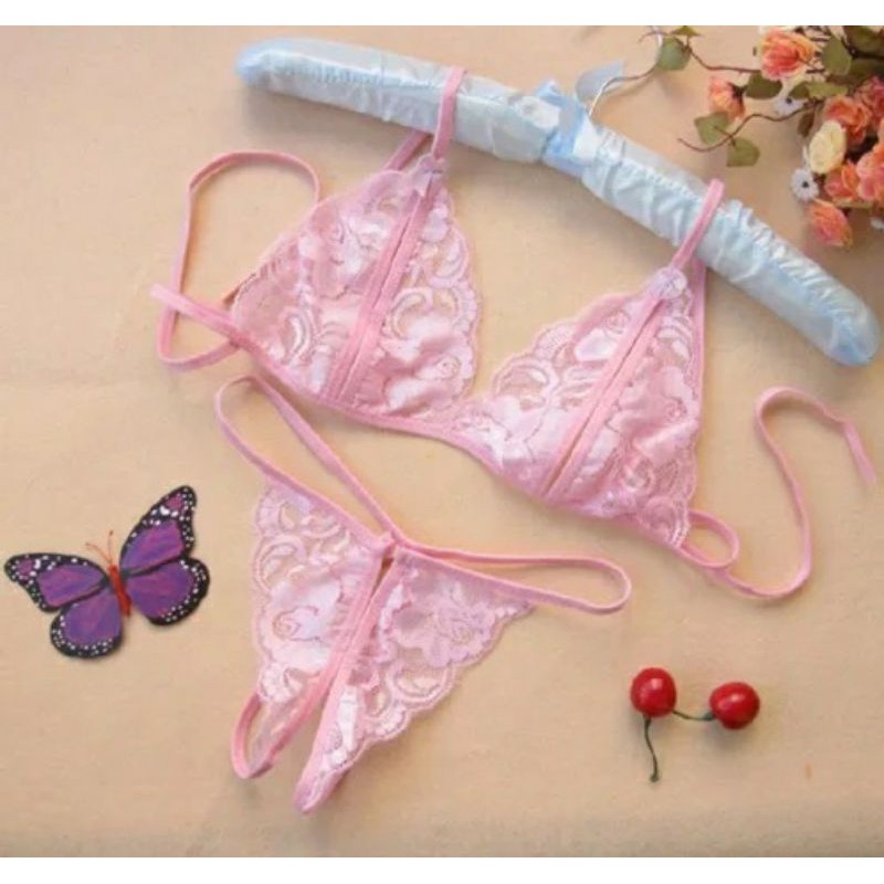 Satu Set Pinky Pakaian Dalam Wanita Fashion Set Bra Lingerie G-String Bahan Lace Bra-Pink