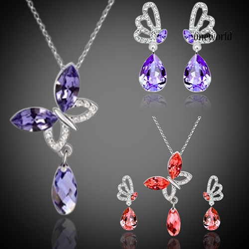 OW@ Women Cocktail Crystal Butterfly Cubic Zirconia Necklace Stud Earrings Jewelry Set