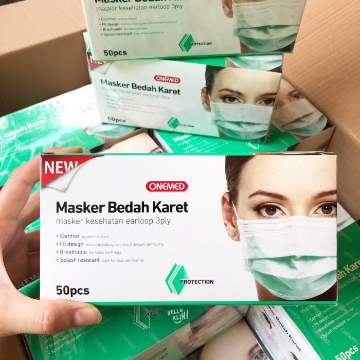 MASKER ONEMED Medis Box 50 Pcs 3Ply Bedah - Kuning, Hijau 3 Lapisan Earloop