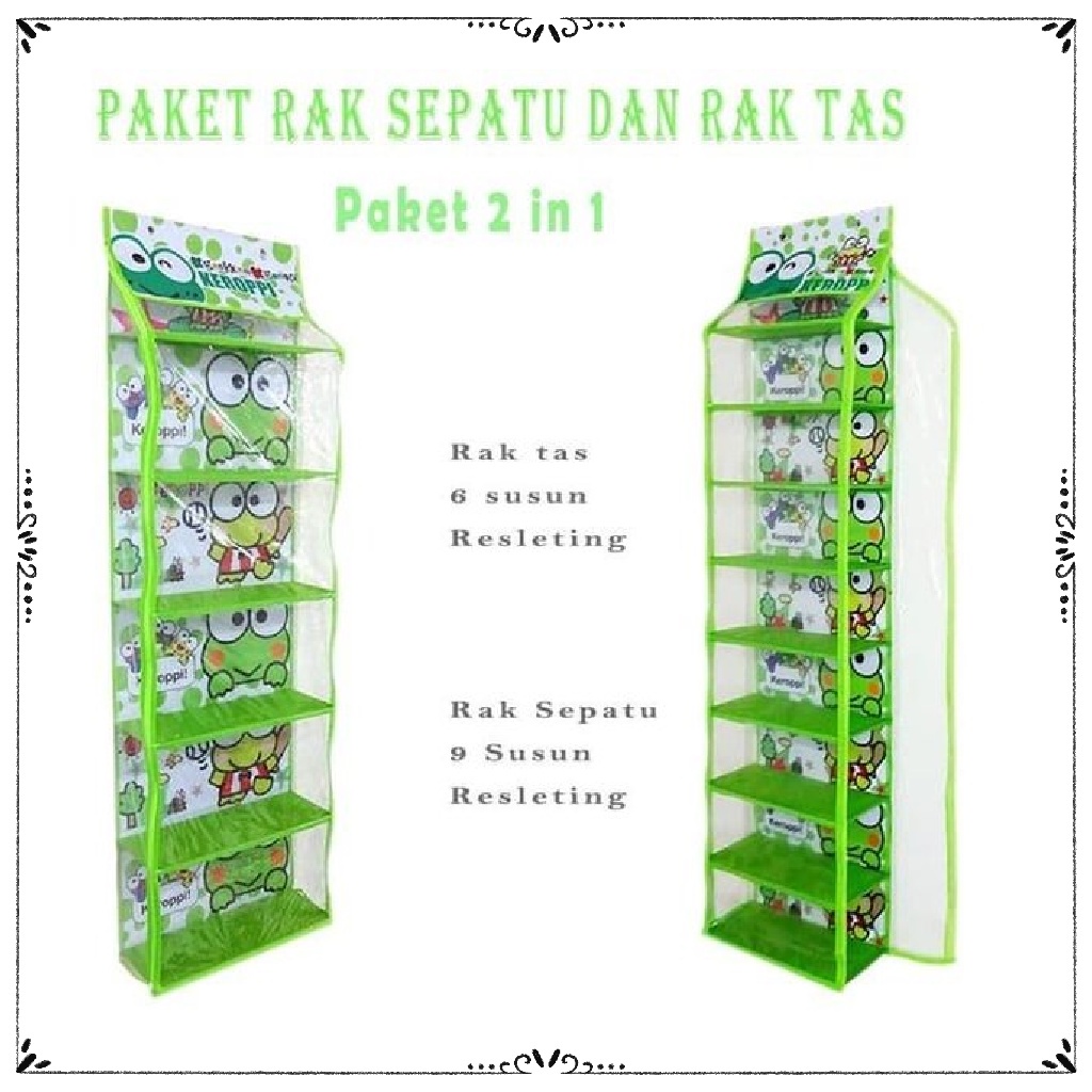RAK SET 4 IN 1 ( Rak Tas ,Rak Sepatu , Rak Jilbab , Rak kosmetik ) gantung-HIJAU 2 IN 1