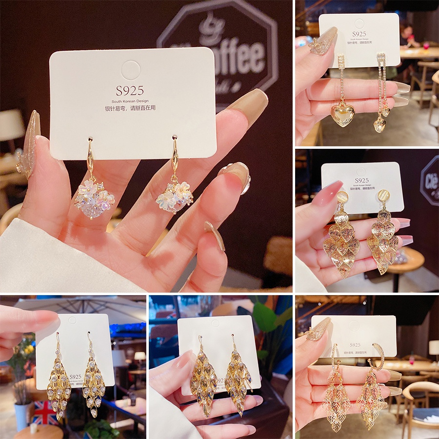 Anting Kait Gantung Bahan Sterling Silver 925 Desain Daun + Rumbai + Berlian Gaya Korea Glamor Untuk Wanita