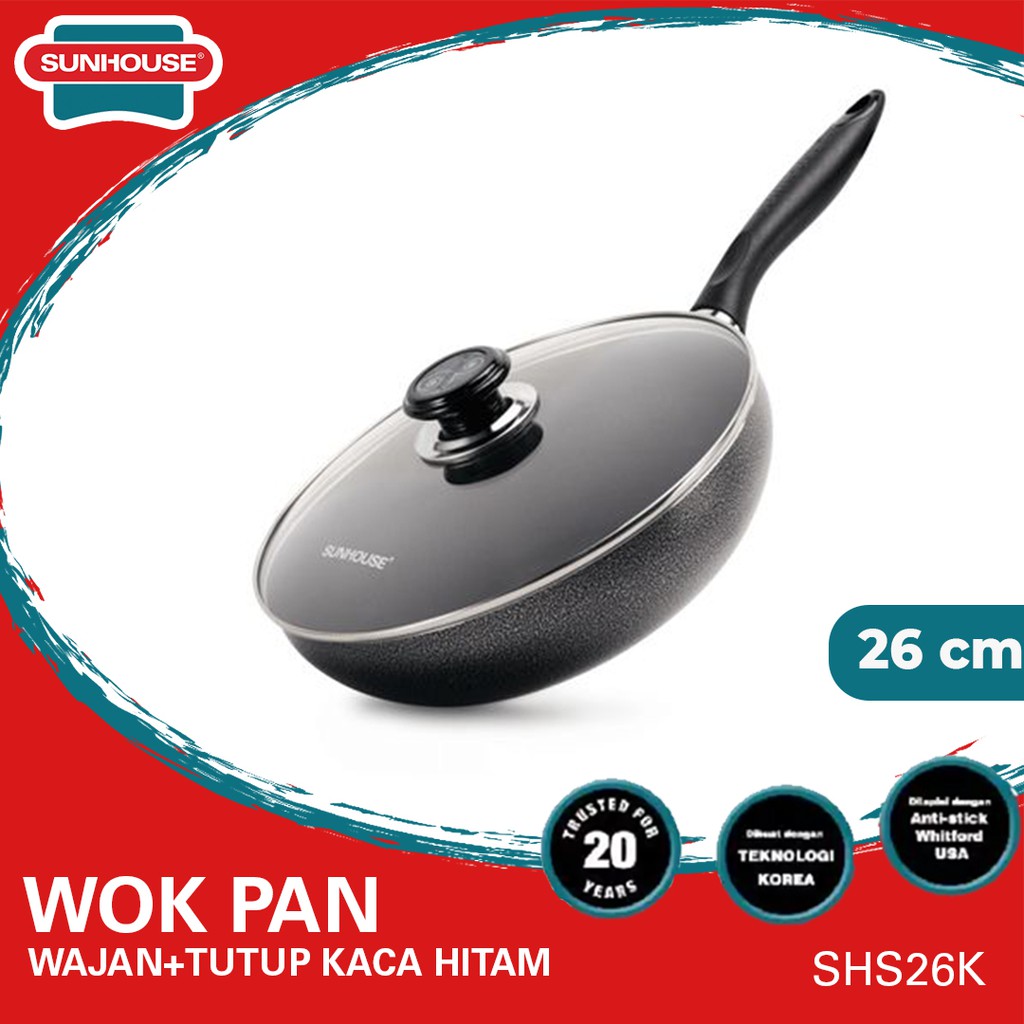Jual Sunhouse Wok Pan Wajan+Tutup Kaca Hitam 26cm (SHS26K) Indonesia